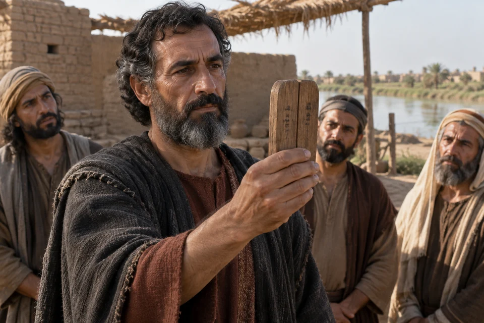 Ezekiel brings two wooden pieces together in one hand while several people watch in a mudbrick courtyard.
