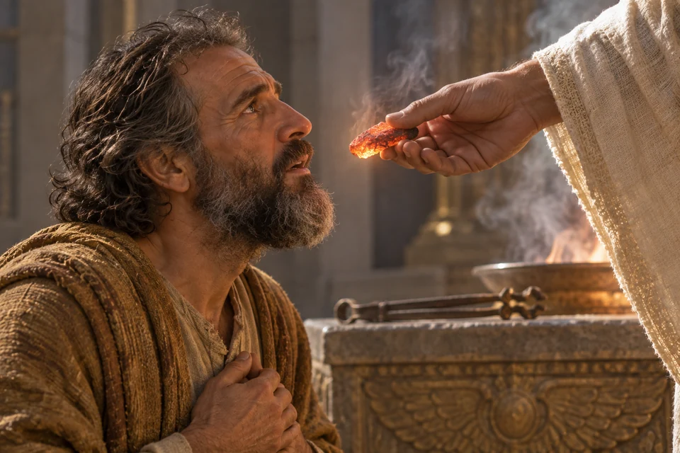 Isaiah responds with awe as a seraph’s hand brings a live coal toward his lips in the temple vision.