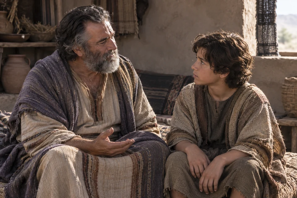 Elderly Lehi speaks earnestly with his young son Joseph beside a simple woven resting mat.