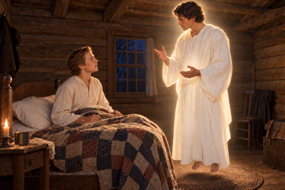 Seventeen-year-old Joseph Smith listens from his bed as Moroni speaks in a softly illuminated room.