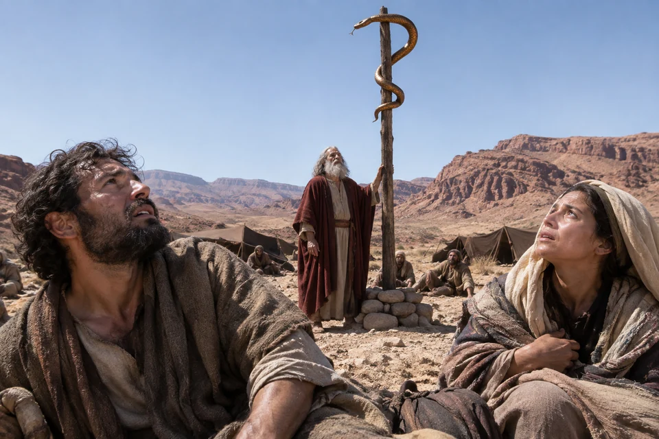 Moses stands beside a raised bronze serpent as afflicted Israelites turn toward it in a desert encampment.