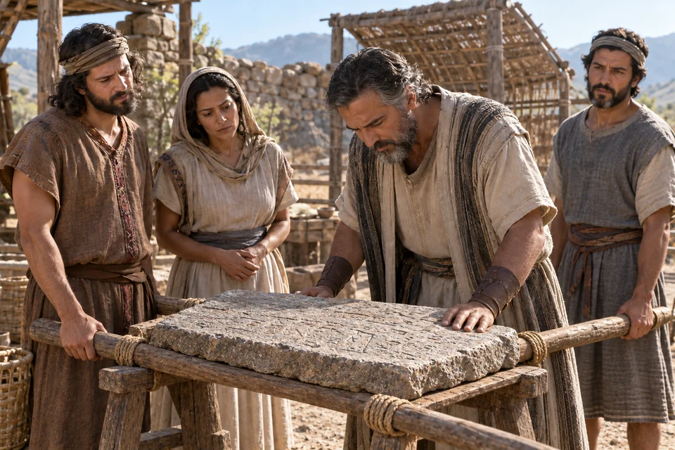 Mosiah examines an engraved stone slab on a carrying litter, with the people who have brought it standing nearby.