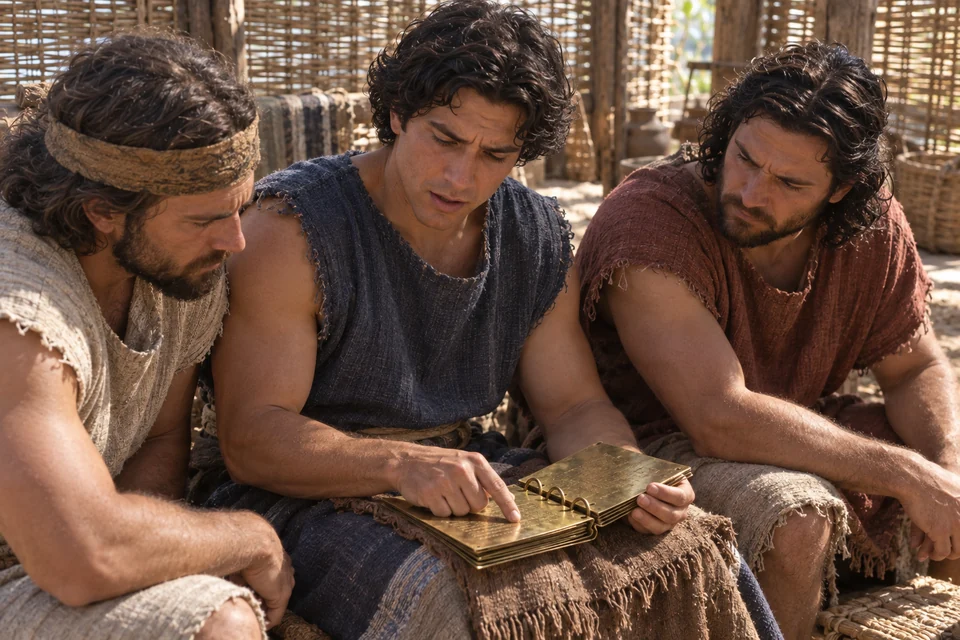 Nephi and his brothers give their attention to an open brass record as Nephi reads.