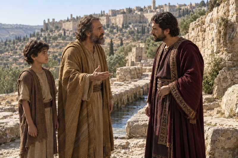 Isaiah speaks with Ahaz beside the water conduit, with Isaiah’s son nearby.