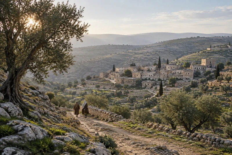A small stone settlement rests among the hills and olive trees of Judea.