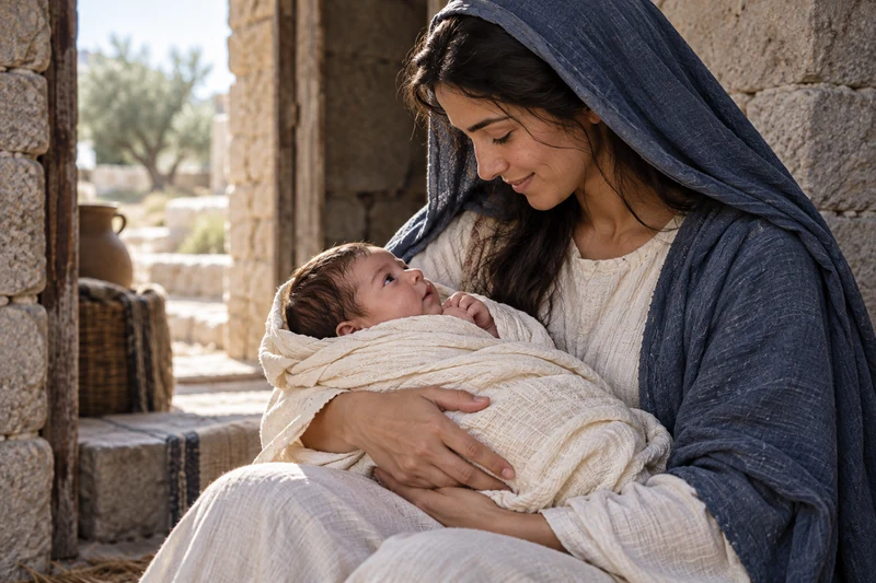 Mary cradles the infant Jesus and looks into His eyes.