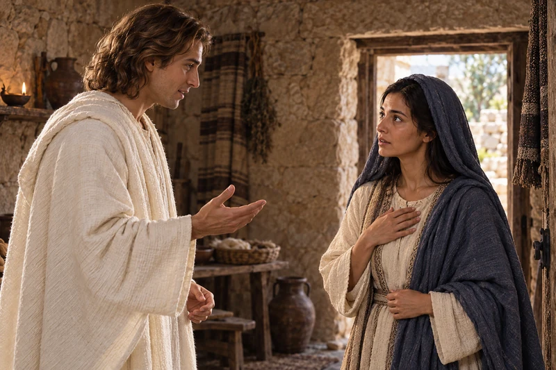 Mary listens to Gabriel in a modest room.