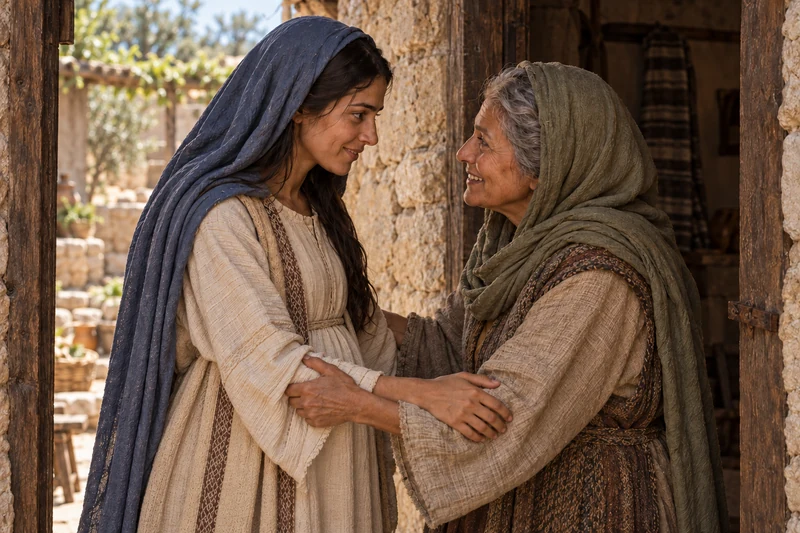 Mary and Elisabeth greet one another, holding each other’s arms.