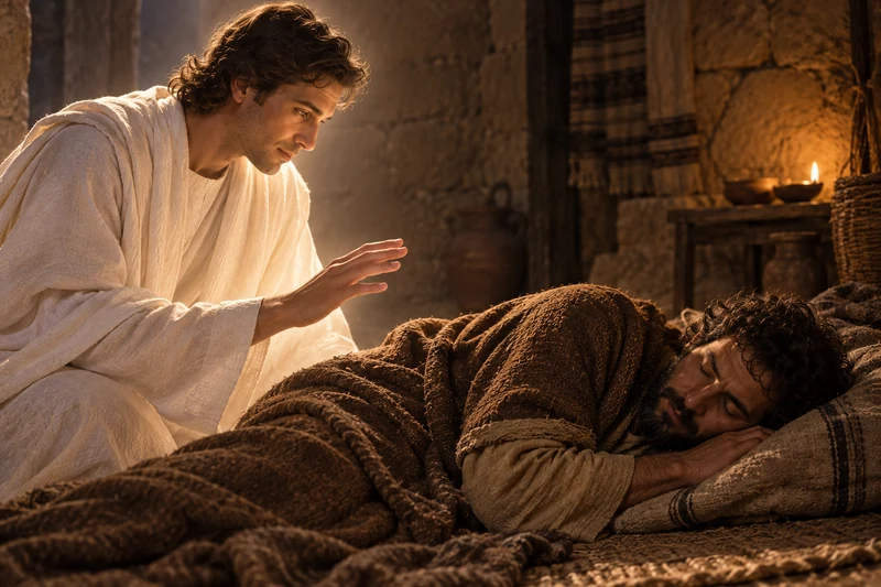 Joseph sleeps as an angel speaks in a dream.