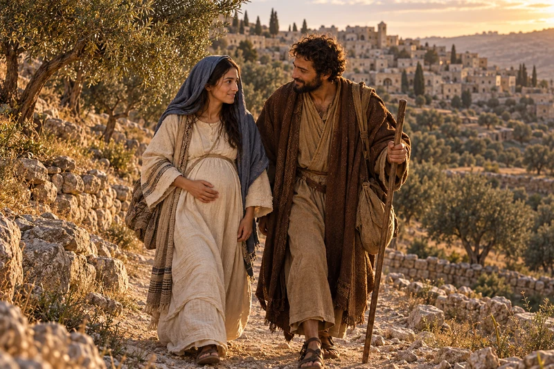 Mary and Joseph walk a rocky road through the hills.