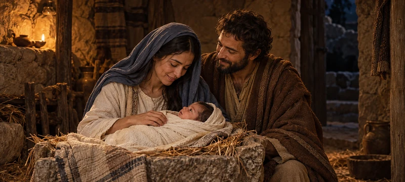 Mary lays her swaddled newborn in a manger while Joseph watches nearby.