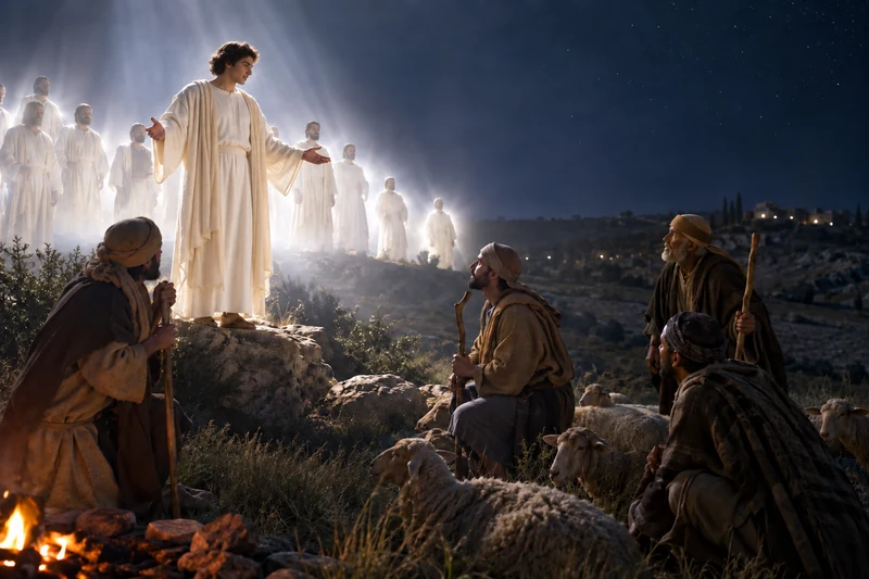 An angel addresses shepherds among their sheep, with a heavenly host behind him.