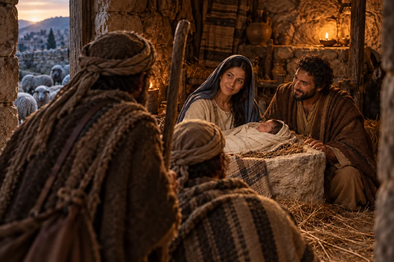 Shepherds enter and find Mary, Joseph, and the infant lying in a manger.