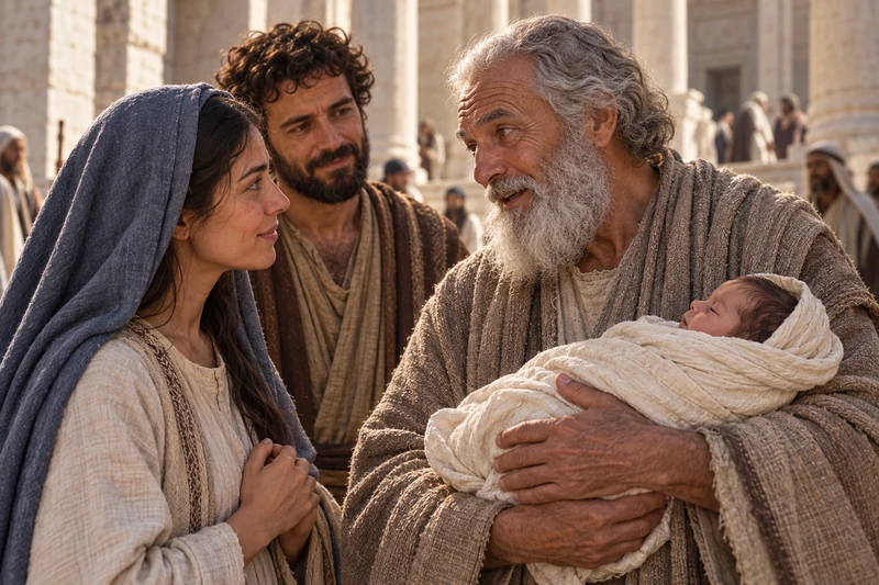 Simeon holds the infant Jesus and speaks with Mary as Joseph listens.