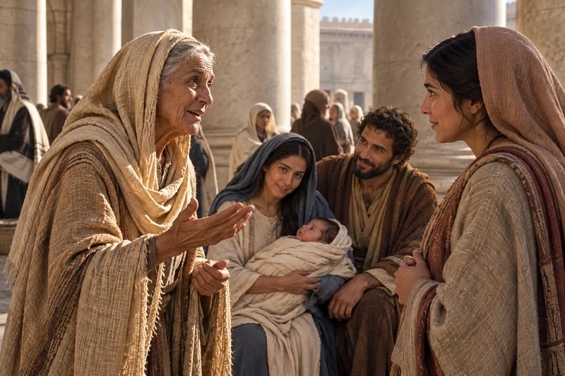 Anna speaks to a woman in the temple precinct while Mary holds Jesus nearby.