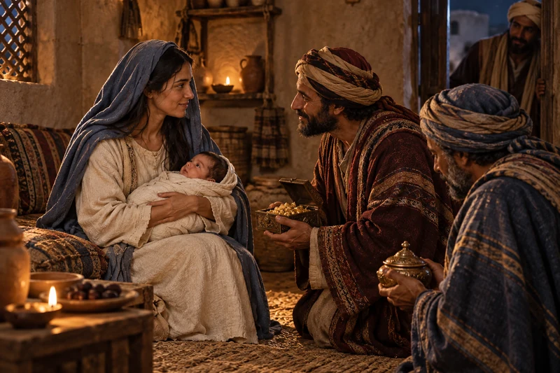 Wise men kneel with gifts before Mary and the young child in a house.