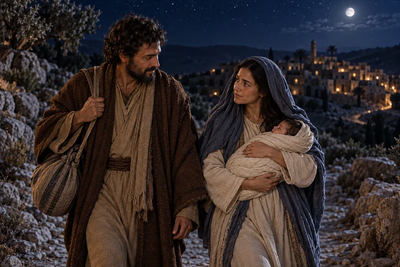 Joseph and Mary travel at night while Mary carries the child close to her.