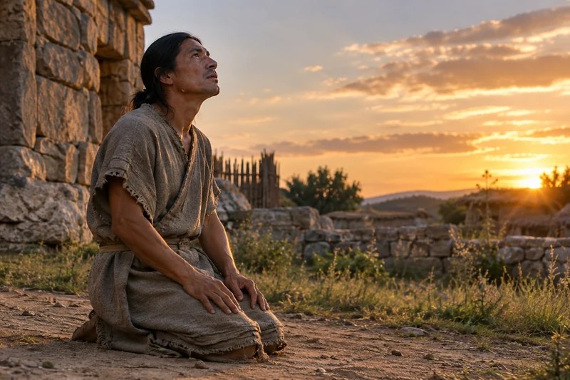Nephi kneels alone and looks upward as the day draws on.