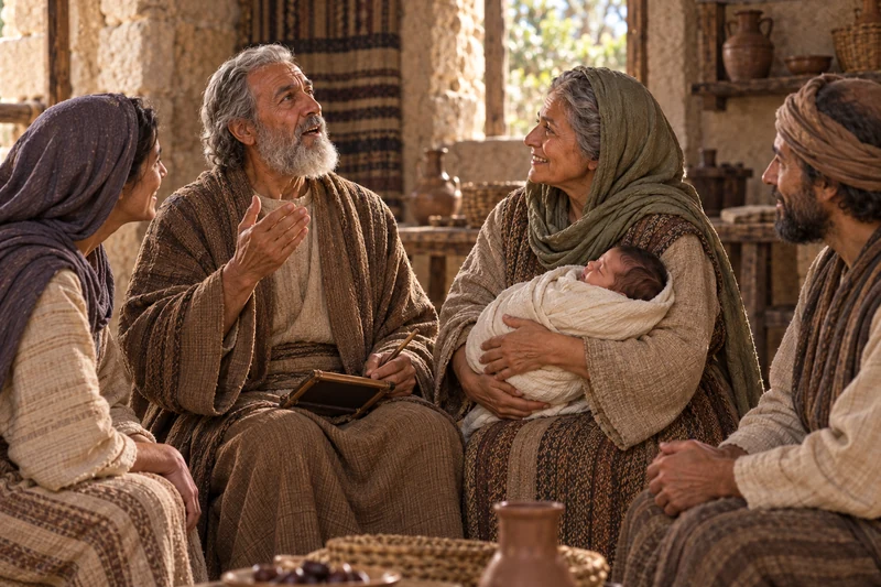 Zacharias sits with a writing tablet as Elisabeth holds their newborn son.