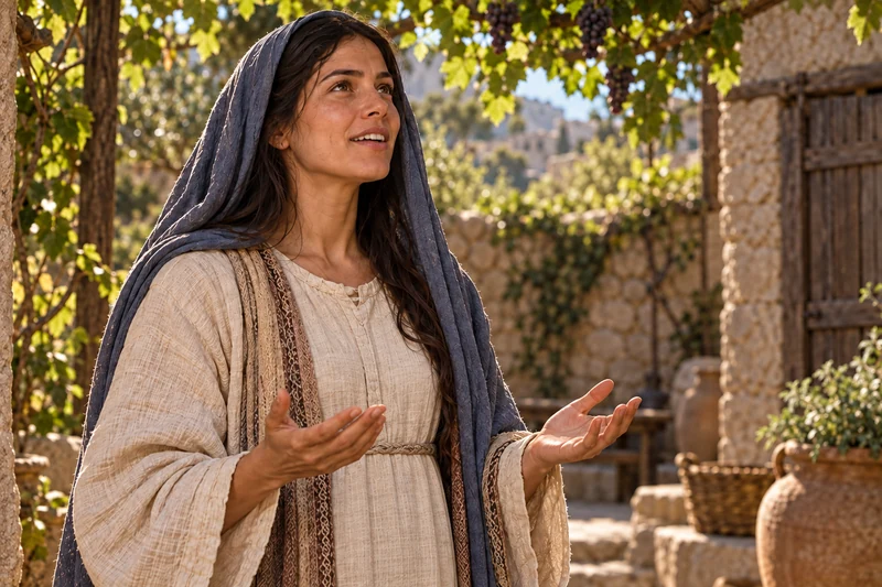 Mary lifts her eyes and opens her hands in grateful praise.