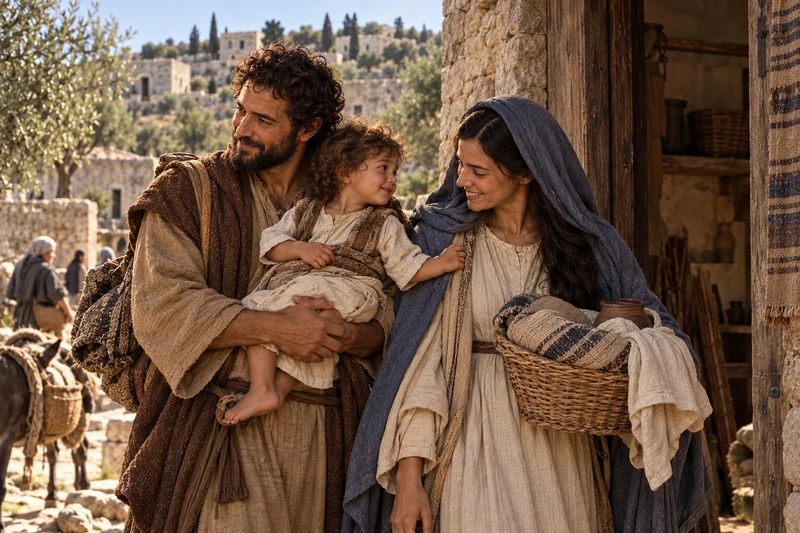 Joseph carries the young Jesus beside Mary at a village doorway.