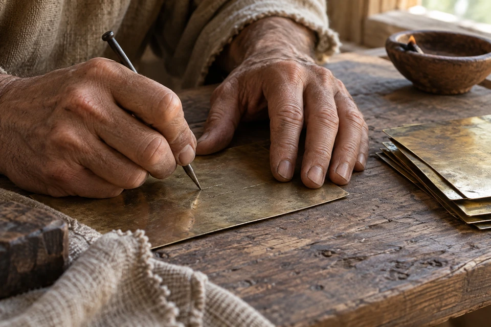 Words worth preserving. Hands guide an engraving tool across a metal sheet.