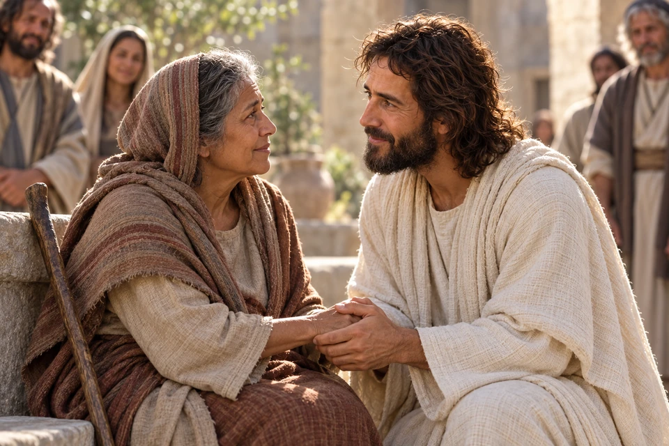 Jesus Christ bends toward an older woman and meets her gaze with quiet compassion.