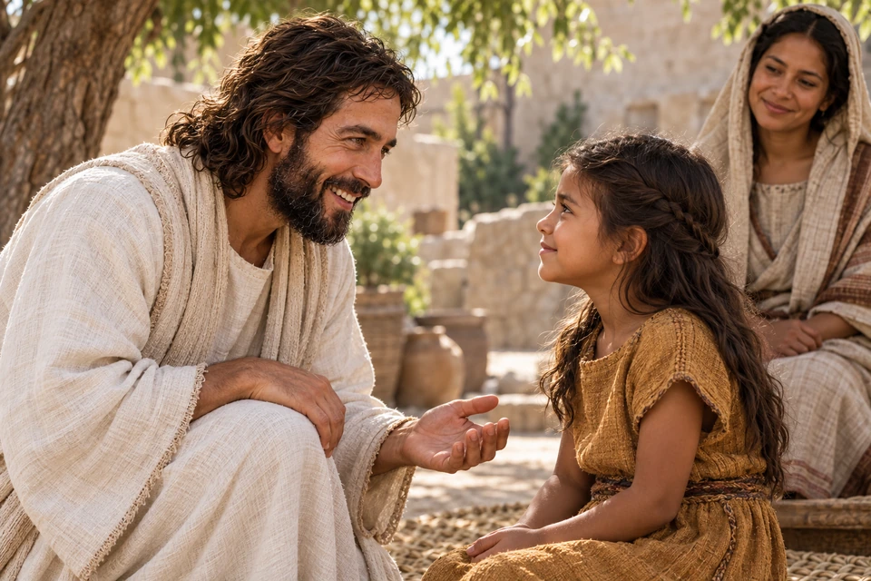 At a child’s level. Jesus Christ bends to meet a young girl at her level while an attentive woman stands nearby.