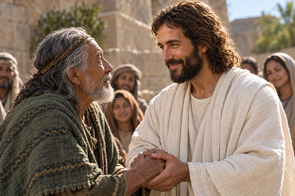 A welcome for the one. Jesus Christ meets an older man with attentive warmth.