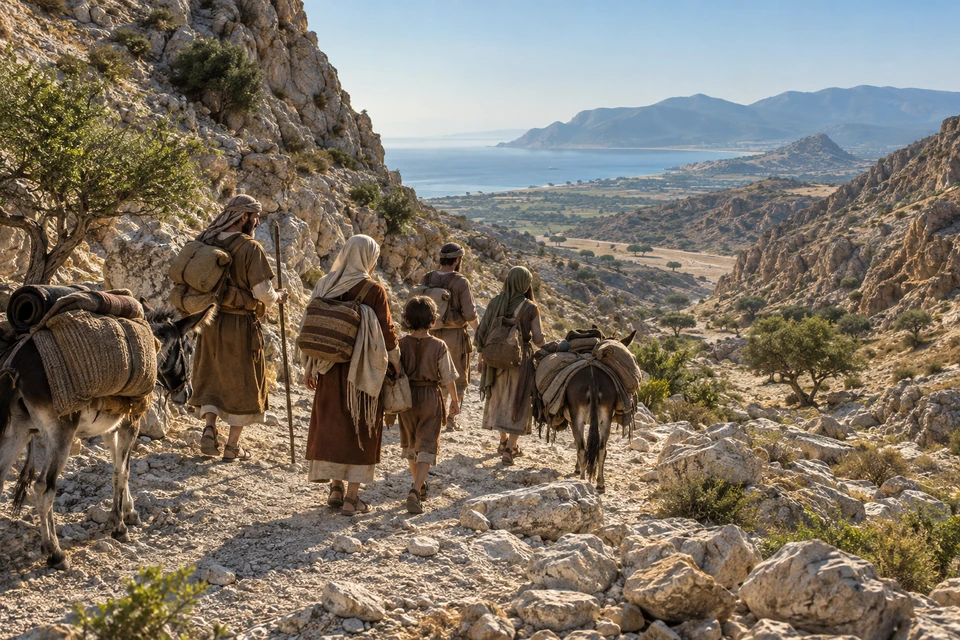 Faith along an uncertain road. Travelers move together through a rugged landscape, carrying what they need for the next part of the journey.