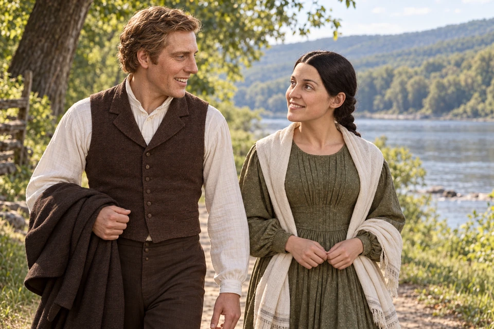 Joseph and Emma share a warm glance as they walk along a quiet path.