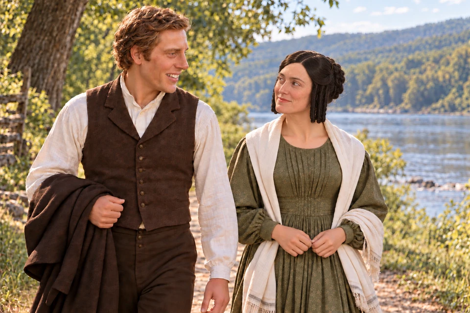 Joseph and Emma share a warm glance as they walk along a quiet path.