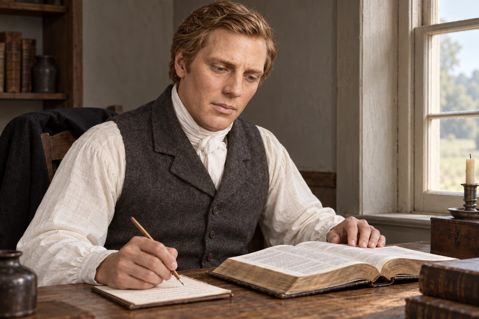 Joseph studies an open Bible with a writing tool close at hand.