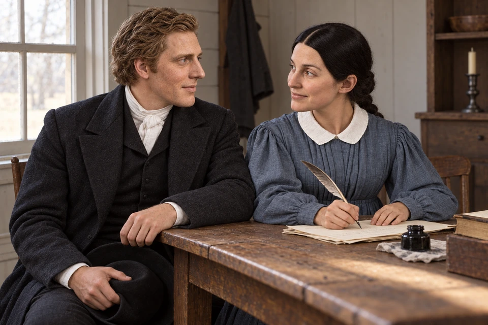 Emma pauses with her quill as she and Joseph share a warm glance.