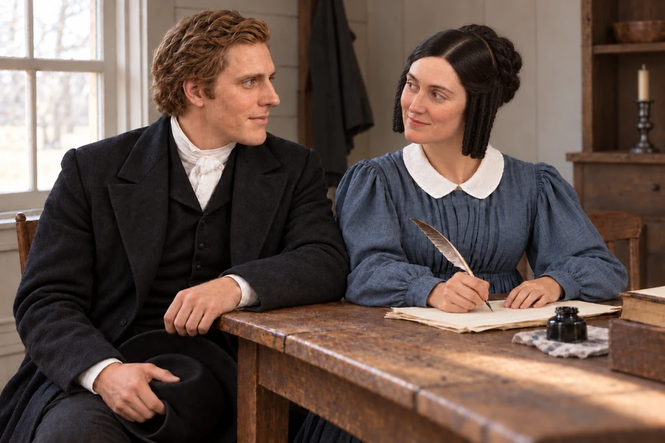 Emma pauses with her quill as she and Joseph share a warm glance.