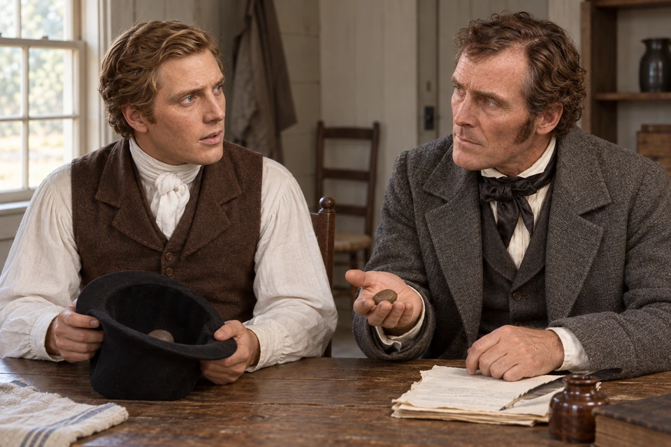 Martin holds a stone as Joseph turns toward him with a questioning expression.
