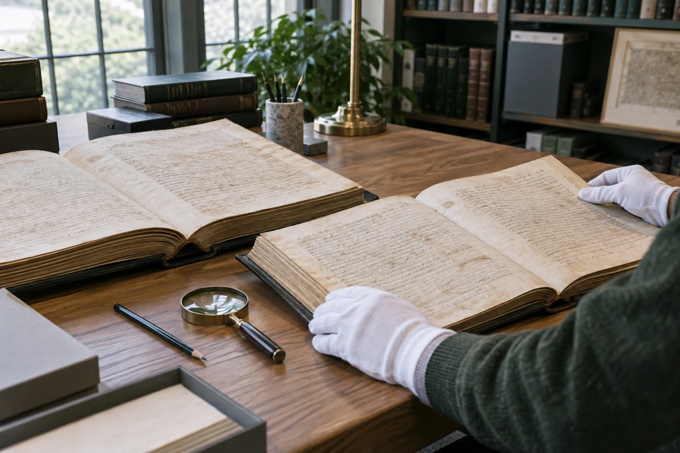 Reading the record carefully. Open manuscripts lie side by side as a reader studies their pages in warm daylight.
