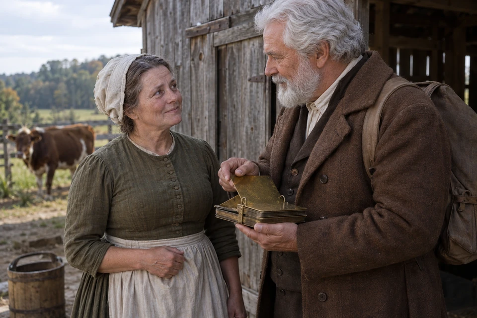 Mary watches an older visitor turn a leaf of the plates beside the barn.