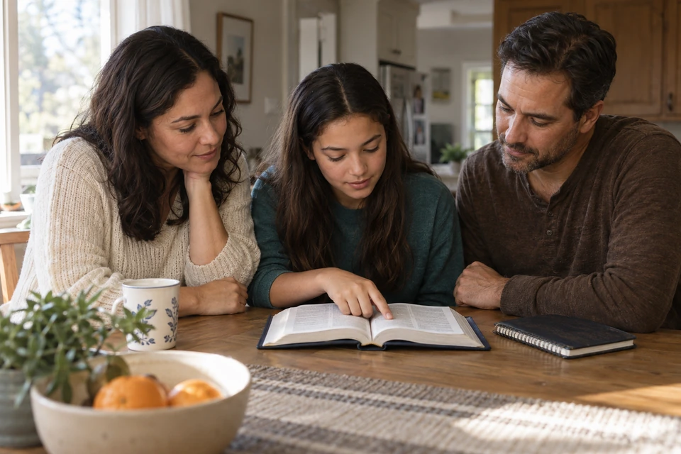 Make room to learn together. Three people share a quiet moment around an open book, with a notebook close at hand.