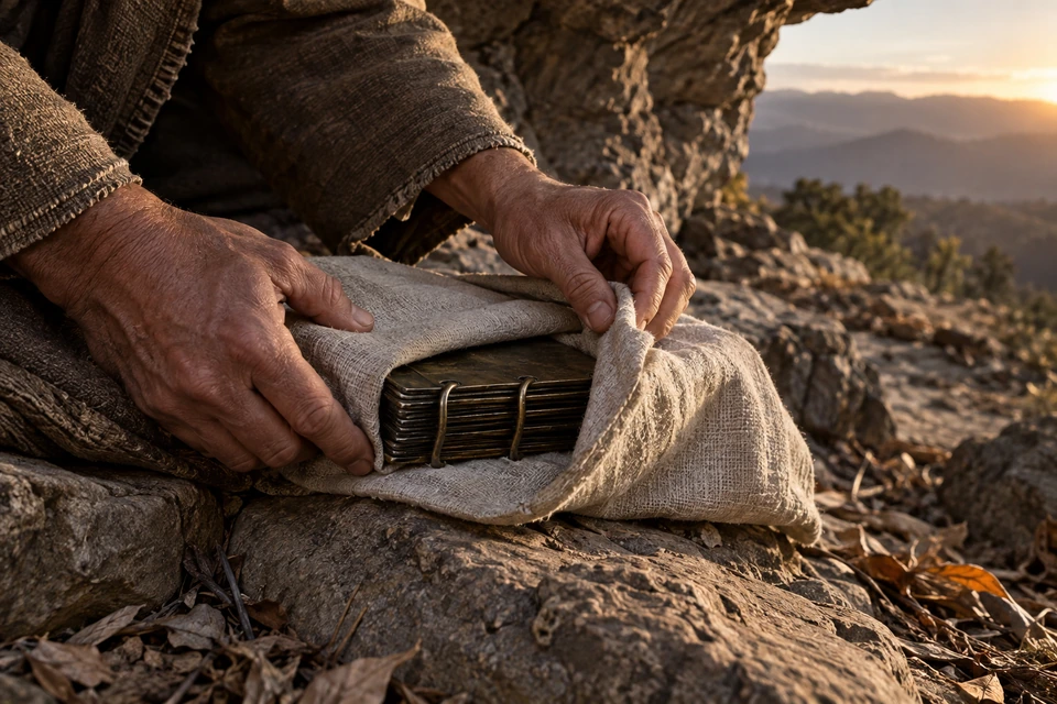 Hands draw a cloth around a record of metal leaves.