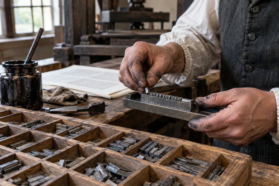 A printer arranges small pieces of type with ink-marked hands.