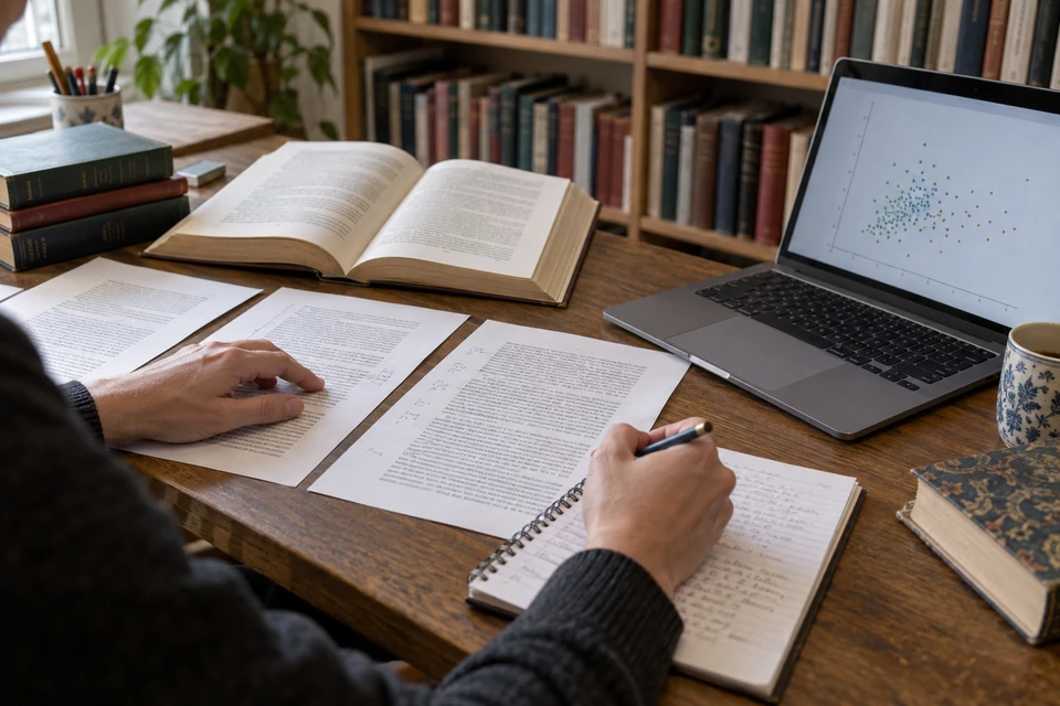 A reader compares a book, notes, and an illustrative scatterplot.