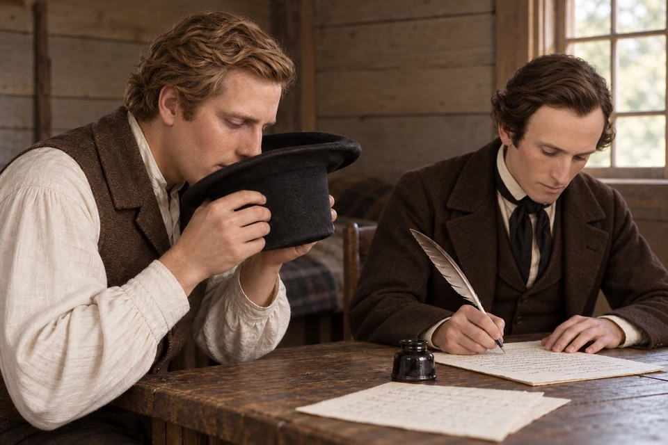 Joseph attends to the hat while Oliver listens and writes.