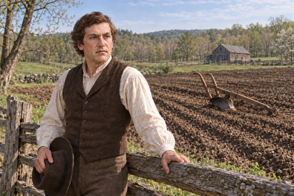 David pauses beside a fence with a parked plow in the field behind him.