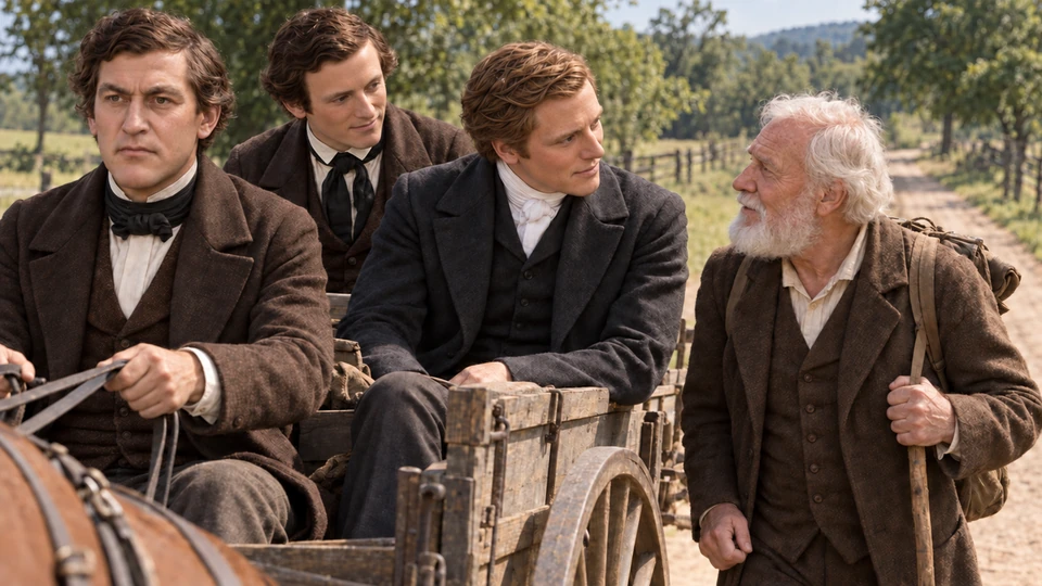 Joseph turns from the wagon to meet an older traveler’s gaze while Oliver listens and David drives.