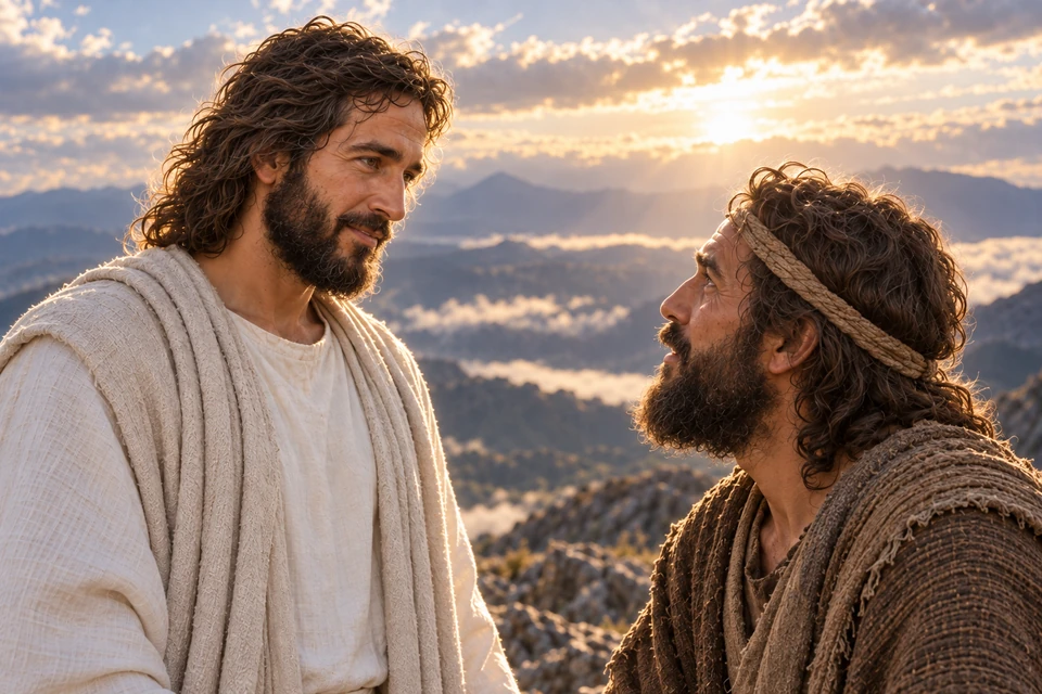 Christ meets the brother of Jared in a close, attentive conversation.