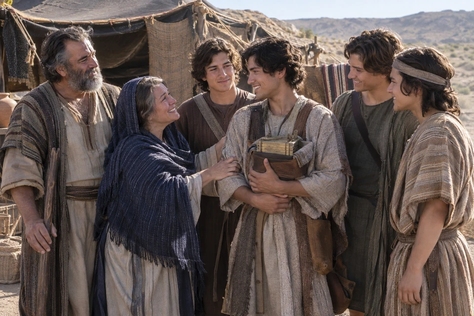 Lehi and Sariah welcome their returning sons beside a desert tent, with the plates held close.