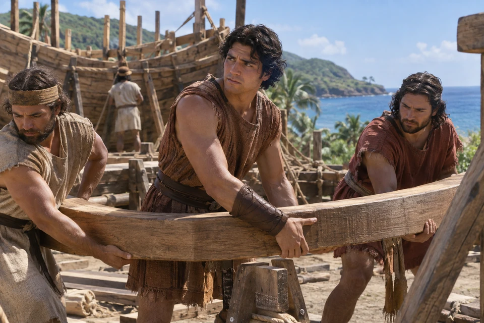 Nephi works with other men on a wooden ship beside an Old World coast.