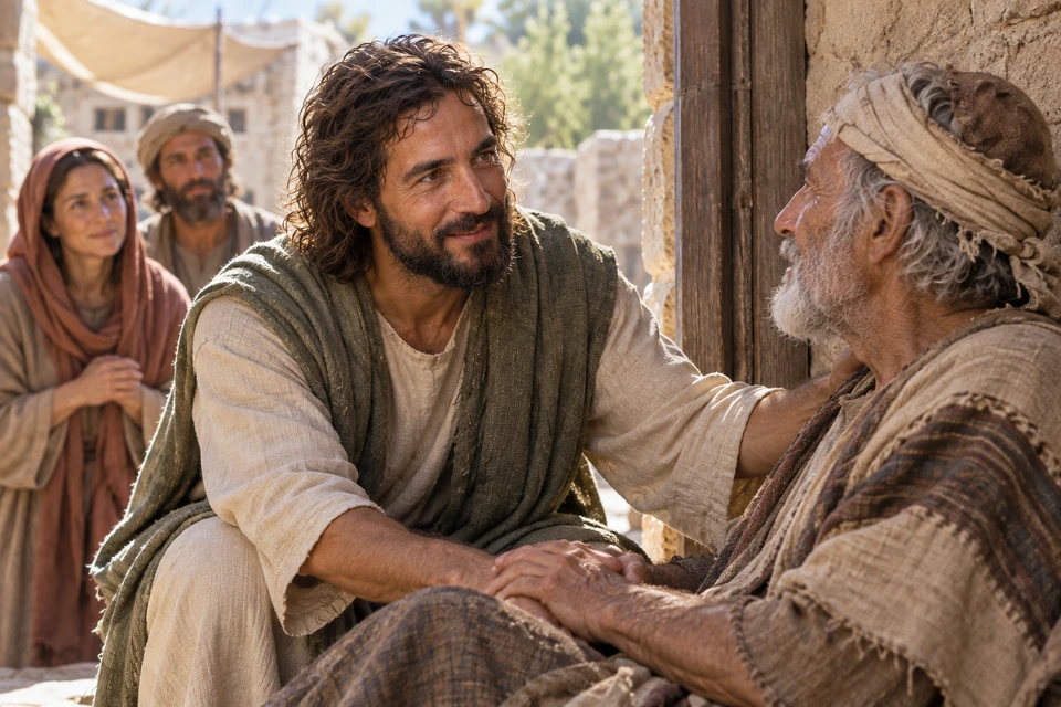 The mortal Jesus in an olive mantle bends toward an older man during His ministry.