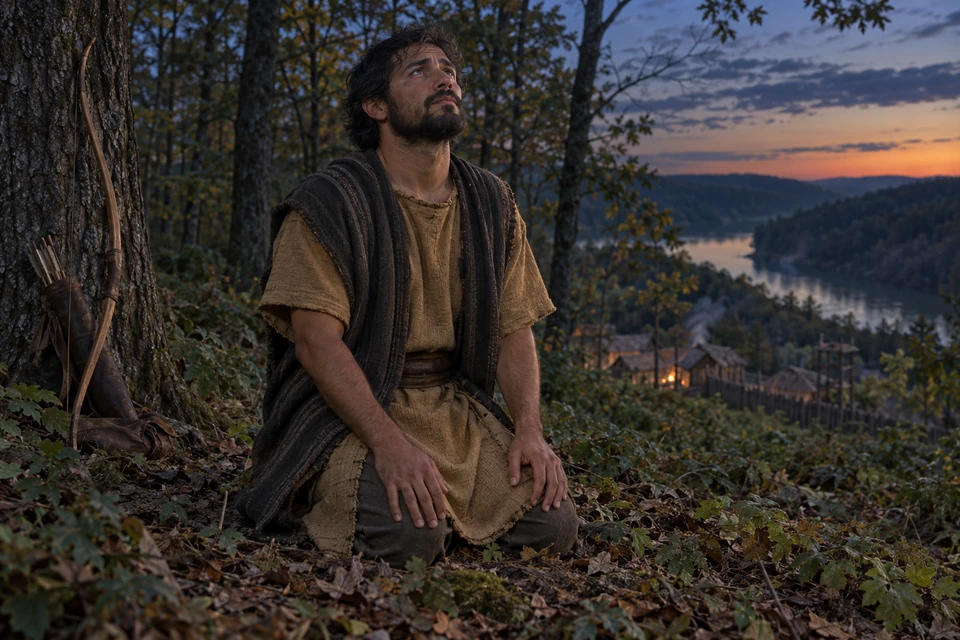 Enos kneels alone in an evening woodland, with hunting equipment set aside.
